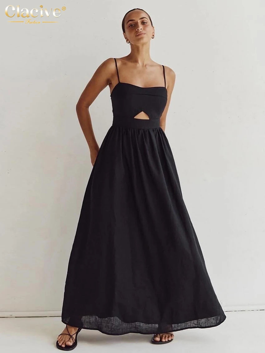 Sexy Loose Black Cotton Womens Dresses 2024 Summer Strap Sleeveless Ankle Length Dress Elegant Hollow Out Female Dress