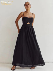 Sexy Loose Black Cotton Womens Dresses 2024 Summer Strap Sleeveless Ankle Length Dress Elegant Hollow Out Female Dress
