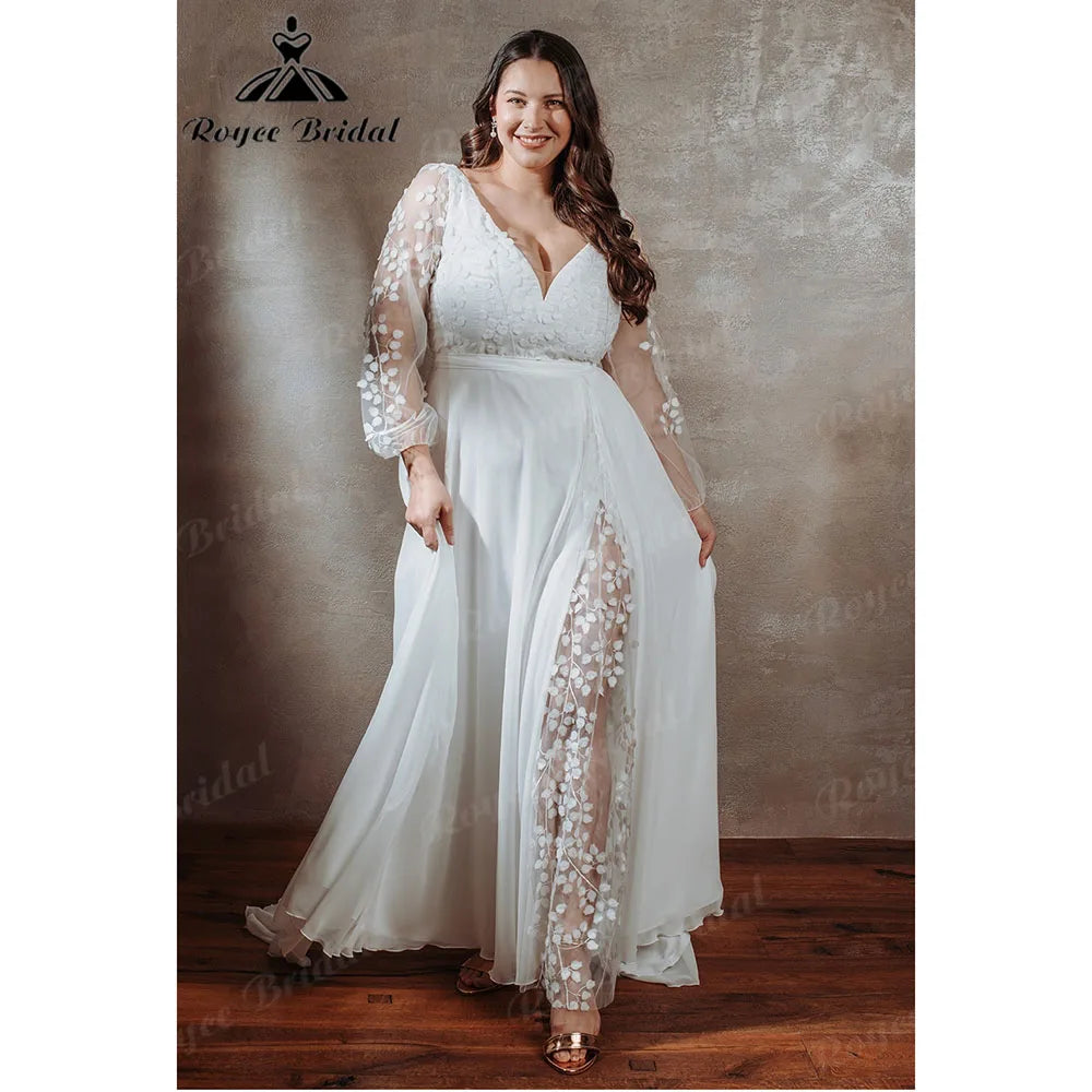 Long Sleeve V Neck Lace Appliques plus Size Wedding Dress for Women 2025 Overweight Bridal Gown Customzied Robe Mariee Boheme