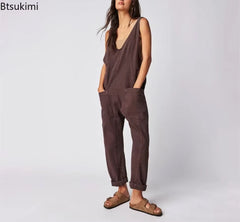 2025 Women'S Fashion Casual Denim Jumpsuits Splice Double Pockets Deep V-Neck Backless Suspenders Rompers One Piece Jeans Femme