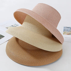HT2303 2023 New Summer Sun Hats Ladies Solid Plain Elegant Wide Brim Hat Female round Top Panama Floppy Straw Beach Hat Women