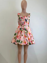 Stylish U Neck Floral Bubble Hem Mini Dress Summer Sundress Chic Women'S Sleeveless Flower Short Dress Vacation Outfits