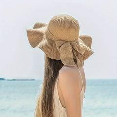 2Pcs Khaki Wave Beach Women'S Sun Hat and Woven Shoulder Bag Combined with a Stylish Ruffle Design Is Lightweight and Breathable