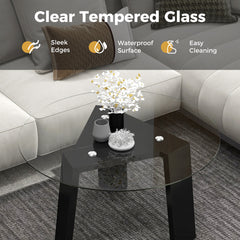 29.5 Inch round Glass Coffee Table with Solid Rubber Wood Legs for Living Room Home Office Small Space
