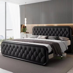 King Size Bed Frame Heavy Duty Bed Frame with Faux Leather Headboard Bedroom Furniture 12" Under-Bed Storage Black