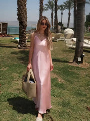 Women Summer Yellow Stain V Neck Sling Dress Elegant Sleeveless Loose Maxi Robes 2025 New Ladies Party Holiday Dresses