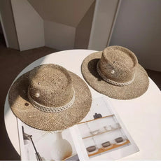 Summer Straw Hat Pearl Pin Women'S Summer Seaside Sunshade Hollow Groove Flat Top Straw Hat Sombrero 여성모자