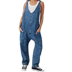 2025 Women'S Fashion Casual Denim Jumpsuits Splice Double Pockets Deep V-Neck Backless Suspenders Rompers One Piece Jeans Femme