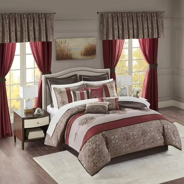 24-Piece Room in a Bag Comforter Set-Satin Jacquard, All Season Luxury Bedding, Sheets, Decorative Pillows and Curtains, Queen