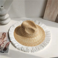 Summer Straw Hat Pearl Pin Women'S Summer Seaside Sunshade Hollow Groove Flat Top Straw Hat Sombrero 여성모자