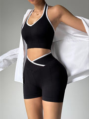 Gym Exercise Set for Women 2Pcs Set Yoga Suit Black and White Patchwork Fashionable Halter Top High-Waisted Breathable Shorts