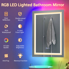 32 Inch X 24 Inch Bathroom Anti-Fog Wall Mirror with Colorful Light