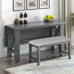 Dining Table Set for 6, Farmhouse Dining Table Set with Foldable Table, Bench & 4 Chairs, Kitchen Table Sets with Chairs, Dining Room Set for Home Apartment Dorm, Gray