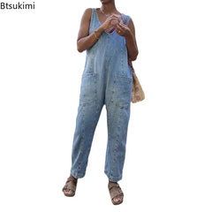 2025 Women'S Fashion Casual Denim Jumpsuits Splice Double Pockets Deep V-Neck Backless Suspenders Rompers One Piece Jeans Femme