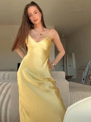 Women Summer Yellow Stain V Neck Sling Dress Elegant Sleeveless Loose Maxi Robes 2025 New Ladies Party Holiday Dresses