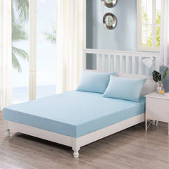 Bedding-Soothing SeaFoam Sky Blue Cotton Fitted Bed Sheet W/Pillow Cases