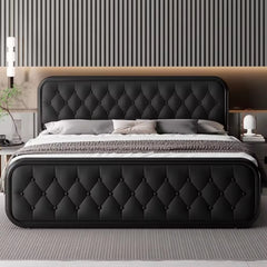 King Size Bed Frame Heavy Duty Bed Frame with Faux Leather Headboard Bedroom Furniture 12" Under-Bed Storage Black