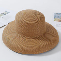 HT2303 2023 New Summer Sun Hats Ladies Solid Plain Elegant Wide Brim Hat Female round Top Panama Floppy Straw Beach Hat Women