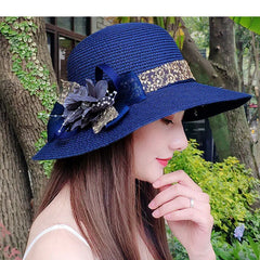 Fashion Women Summer New Women'S Sun Hat Bucket Cap Beige Lace Bowknot Flowers Ribbon Flat Top Straw Hat Beach Caps Panama Gift