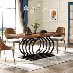 Dining Table, 63 Inch Faux Marble Wood Kitchen Table for 6 People, Rectangular Dinner Room Table Geometric Frame for Kitchen