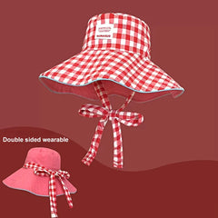 Women'S Summer Wide Brim Double Sided Sun Hat Plaid Lace up Fisherman Hat Uv Protection Bucket Hat Outdoor Travel Sunshade Cap