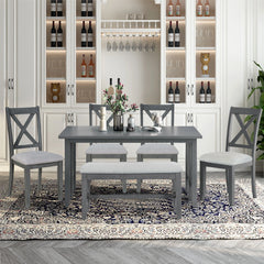 Dining Table Set for 6, Farmhouse Dining Table Set with Foldable Table, Bench & 4 Chairs, Kitchen Table Sets with Chairs, Dining Room Set for Home Apartment Dorm, Gray
