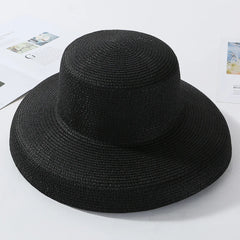 HT2303 2023 New Summer Sun Hats Ladies Solid Plain Elegant Wide Brim Hat Female round Top Panama Floppy Straw Beach Hat Women