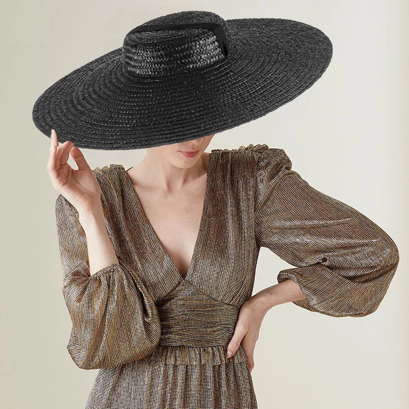 Large Wide Brim Flat Top Sun Straw Hat Fashionable Summer with Long Ribbon Hats for Women Holiday Vintage Beach Visor Cap Retro
