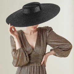 Large Wide Brim Flat Top Sun Straw Hat Fashionable Summer with Long Ribbon Hats for Women Holiday Vintage Beach Visor Cap Retro