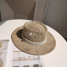 Summer Straw Hat Pearl Pin Women'S Summer Seaside Sunshade Hollow Groove Flat Top Straw Hat Sombrero 여성모자