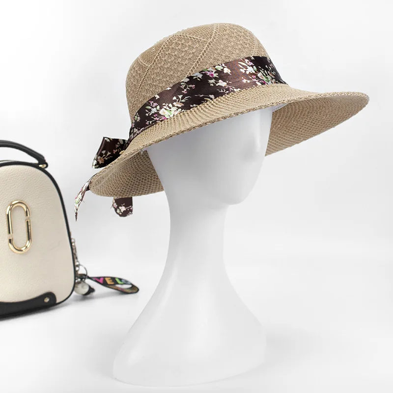 Summer Wide Brim Bowknot Straw Sun Hats for Women Ladies Long Floral Ribbon Outdoor Travel Beach Hat Protection Panama Caps 2022