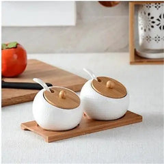Ceramic Spice Jar Set-  Sugar Bowl Coffee Accessories With Bamboo Lid and Tray.