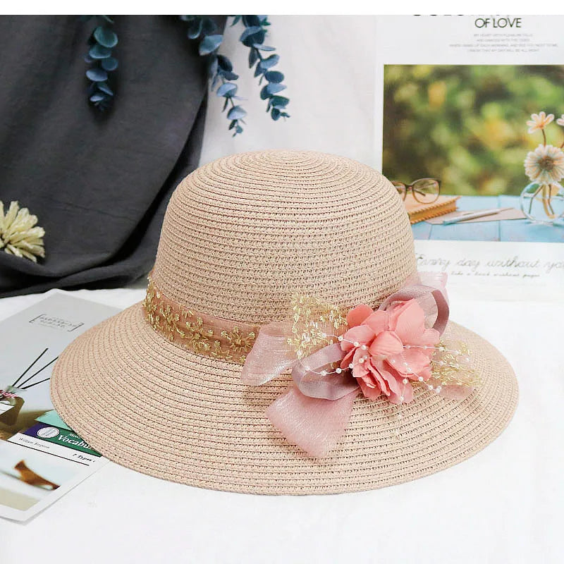 Fashion Women Summer New Women'S Sun Hat Bucket Cap Beige Lace Bowknot Flowers Ribbon Flat Top Straw Hat Beach Caps Panama Gift