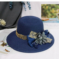 Fashion Women Summer New Women'S Sun Hat Bucket Cap Beige Lace Bowknot Flowers Ribbon Flat Top Straw Hat Beach Caps Panama Gift