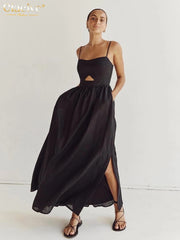 Sexy Loose Black Cotton Womens Dresses 2024 Summer Strap Sleeveless Ankle Length Dress Elegant Hollow Out Female Dress