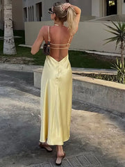 Women Summer Yellow Stain V Neck Sling Dress Elegant Sleeveless Loose Maxi Robes 2025 New Ladies Party Holiday Dresses