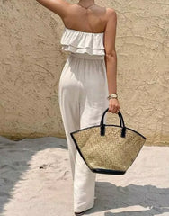 Summer Sleeveless Strapless Ruffled Lace up Jumpsuit for Women, Elegant and Casual, Solid Color Pleated High Waisted Jumpsuit