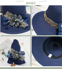 Fashion Women Summer New Women'S Sun Hat Bucket Cap Beige Lace Bowknot Flowers Ribbon Flat Top Straw Hat Beach Caps Panama Gift