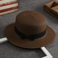 1 Pc Panama Simple Summer Beach Hat Female Casual Lady Women Flat Brim Bowknot Straw Cap Girls Sun Hat Chapeu Feminino
