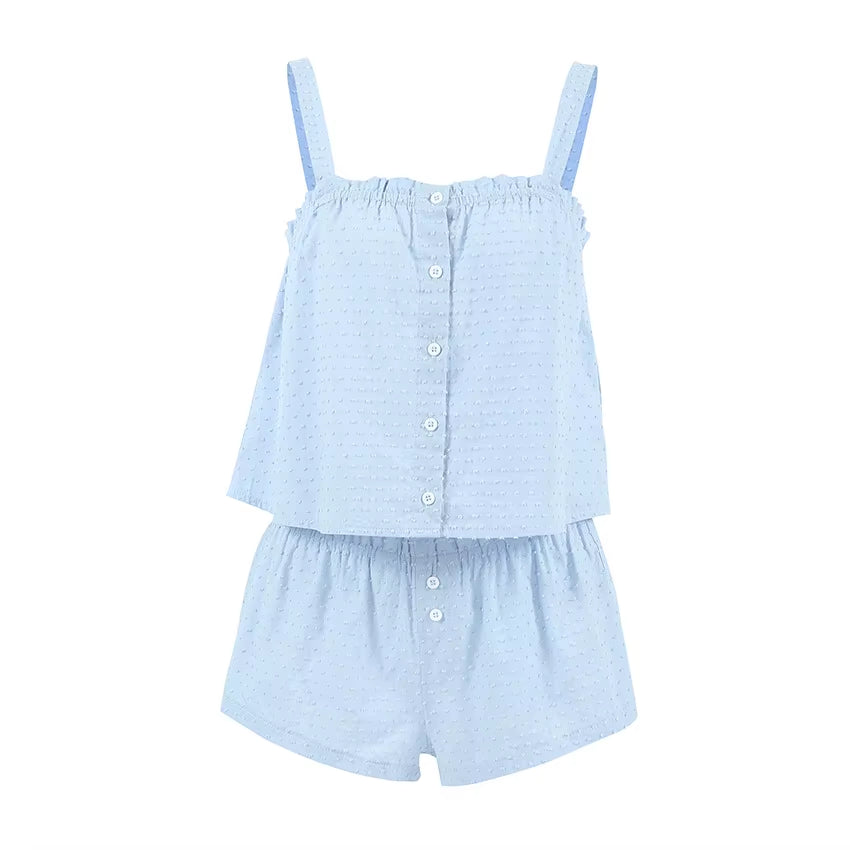2025 New Summer Solid Color Suspender Top Shorts Home Wear Ladies Casual Cool Cotton Pajamas 2PCS Set Women'S Home Clothes