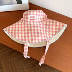 Women'S Summer Wide Brim Double Sided Sun Hat Plaid Lace up Fisherman Hat Uv Protection Bucket Hat Outdoor Travel Sunshade Cap