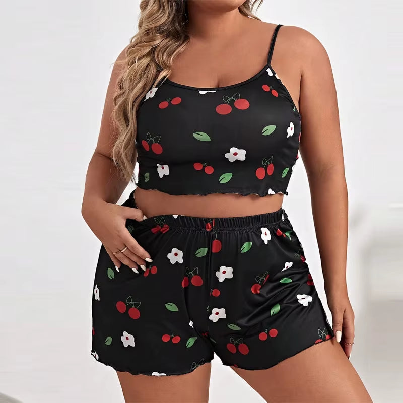 2025 Summer Women'S Heart Print Pajama Set Sleeveless Elastic Waist Shorts 2 Pieces Female Sleepwear Nightwear XL-5XL plus Size