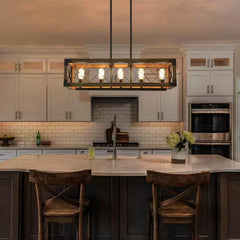 Colorado 5-Light Black Modern Farmhouse Rectangular Box Dining Room Chandelier Solid Wood Kitchen Island Chandelier