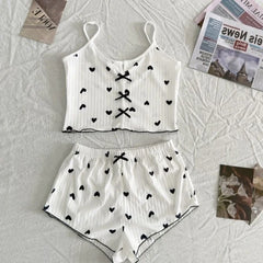 Sleepwear Women'S Pajamas Set Heart Pajamas Heart Print Soft Ribbed with Flirty Frill Trim Casual Top and Shorts Sets Loungewear