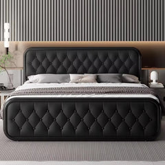 King Size Bed Frame Heavy Duty Bed Frame with Faux Leather Headboard Bedroom Furniture 12" Under-Bed Storage Black