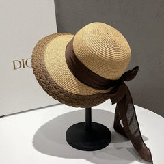 2025 Summer Women Large Bow Straw Hat Portablefoldable Holiday Beach Sun Visors Hand Wovensolid Color Female Sunshade Bonnet Cap
