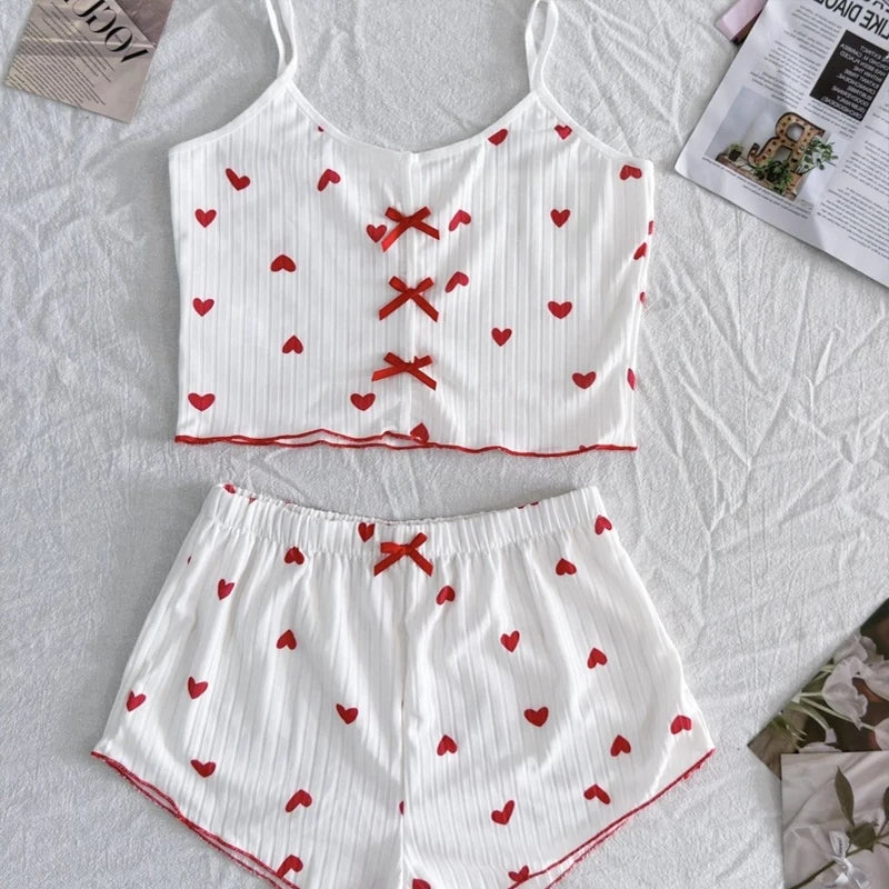 Sleepwear Women'S Pajamas Set Heart Pajamas Heart Print Soft Ribbed with Flirty Frill Trim Casual Top and Shorts Sets Loungewear