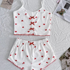 Sleepwear Women'S Pajamas Set Heart Pajamas Heart Print Soft Ribbed with Flirty Frill Trim Casual Top and Shorts Sets Loungewear
