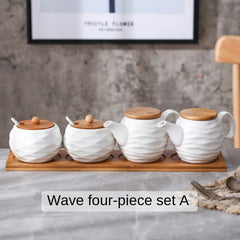 Ceramic Spice Jar Set-  Sugar Bowl Coffee Accessories With Bamboo Lid and Tray.