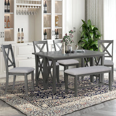 Dining Table Set for 6, Farmhouse Dining Table Set with Foldable Table, Bench & 4 Chairs, Kitchen Table Sets with Chairs, Dining Room Set for Home Apartment Dorm, Gray